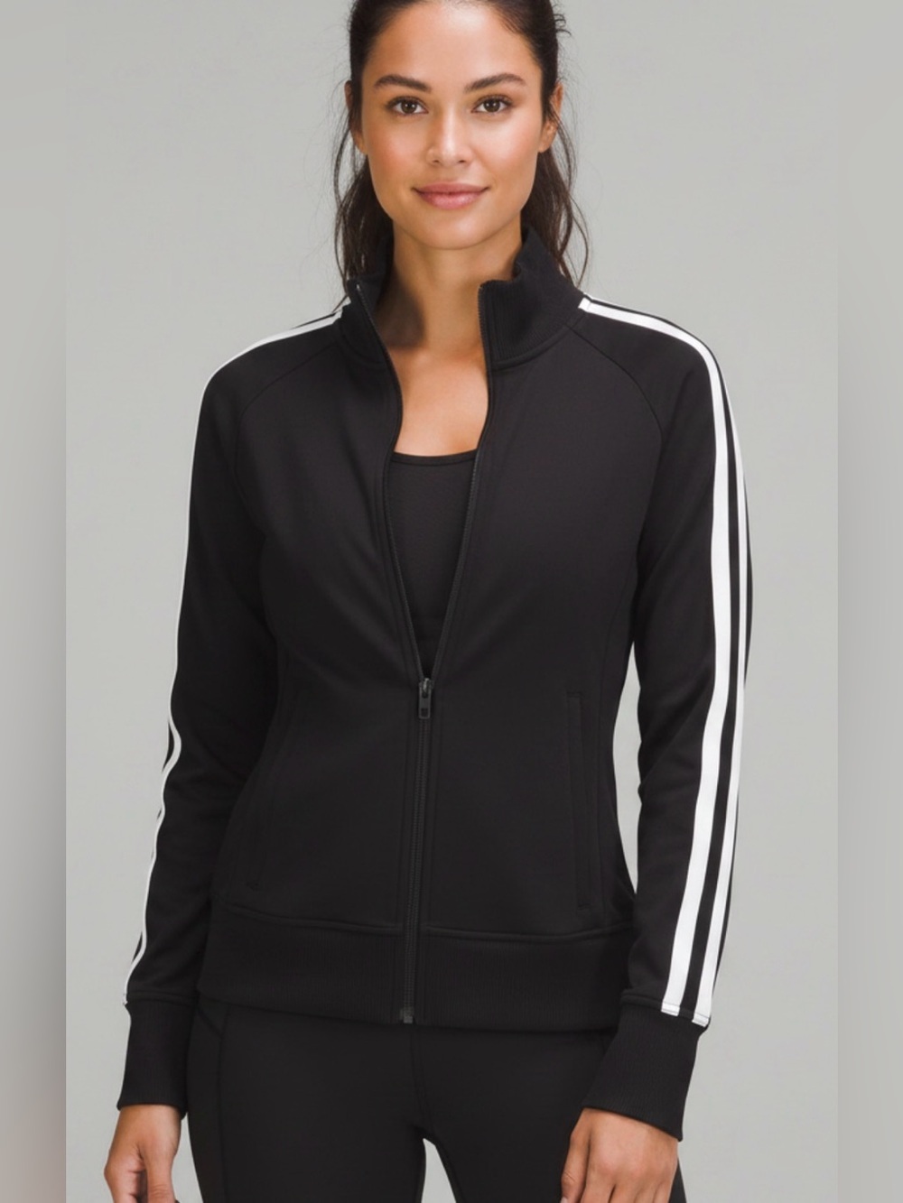 Athleta Black Bomber Jacket with White Sleeve Stripes